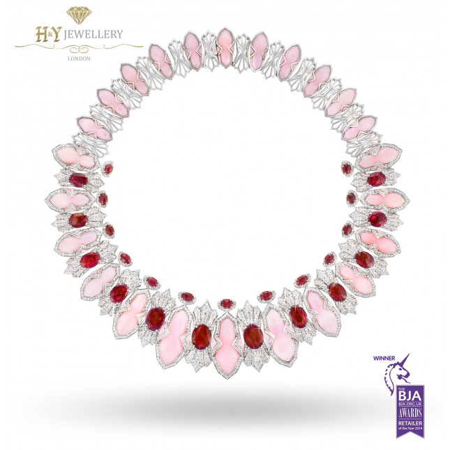 Ananya White Gold Lotus Samsara Bespoke Flush Necklace set with Rubies, Pink Opals and Diamonds
