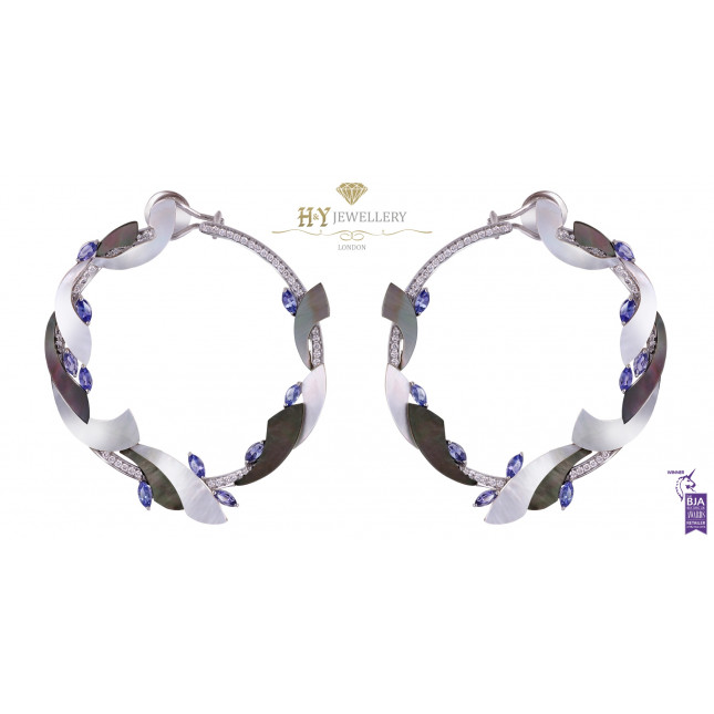 Ananya White Gold Mogra Coronation Hoops set with Tanzanite and Diamonds