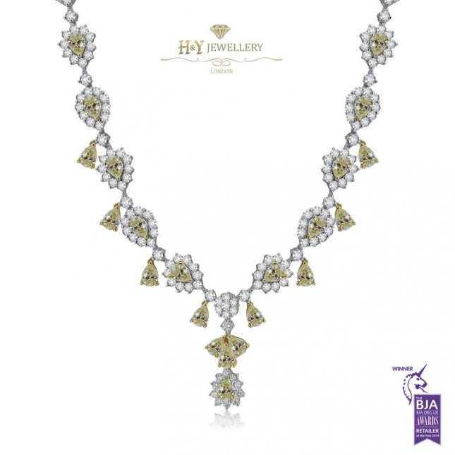 White Gold Flower Necklace With Yellow Diamonds F , VS