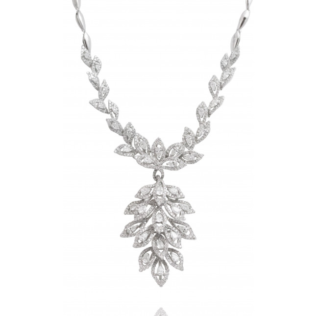 Floral Leaf White Diamond Floating Necklace 