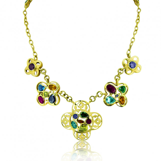 Large statement necklace with open work clover pendants