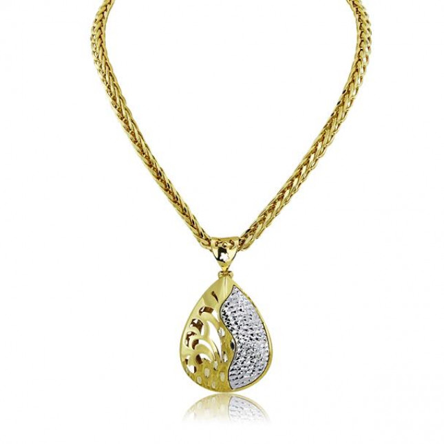Yellow And White Gold Tear Drop Shaped And Curved Necklace 