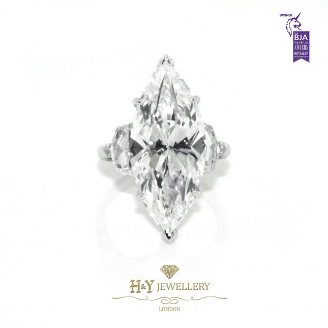 White Gold Marquise Diamond Ring with Shield Side Diamonds - 13.26 ct