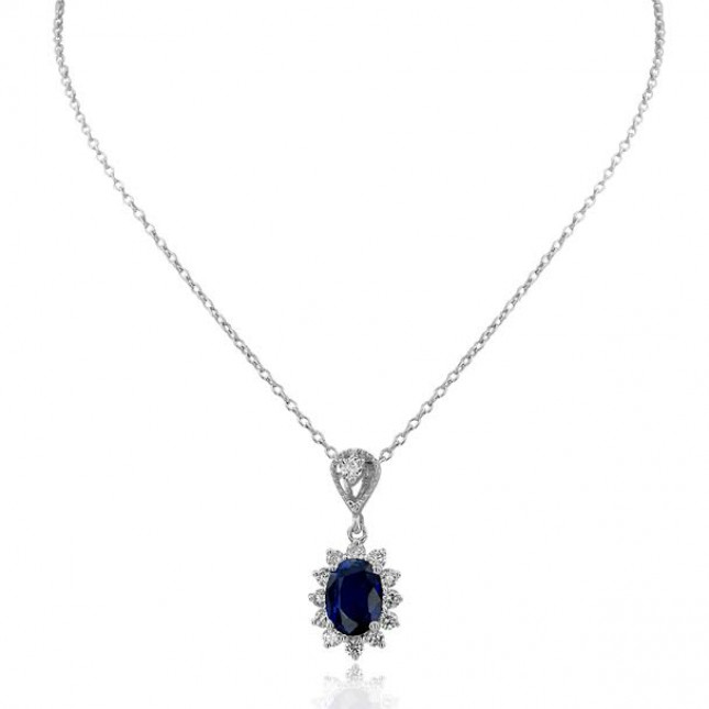White Gold Necklace With Oval Cut Royal Blue Sapphire And Brilliant Cut Diamonds