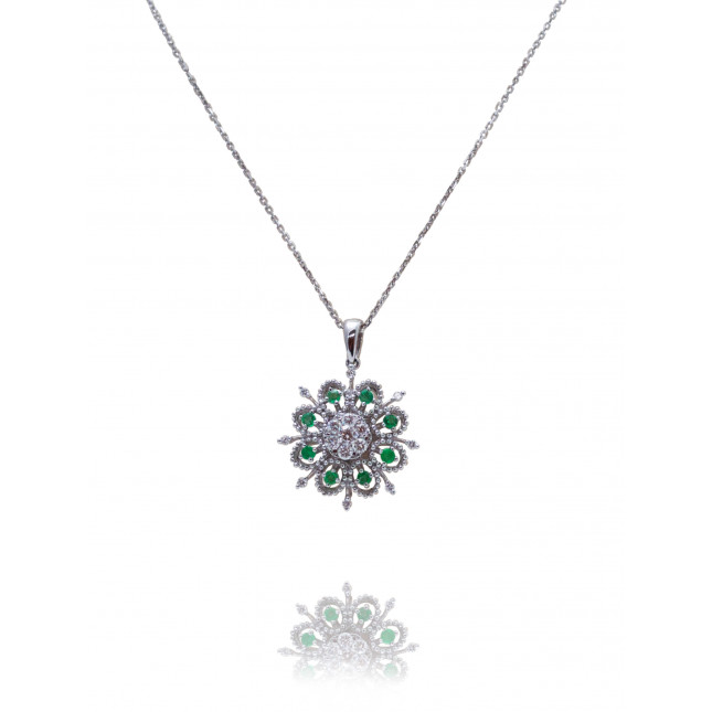Emerald and White Diamond Floral Pendant 