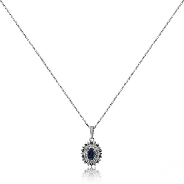 White Gold Necklace With Oval Cut Sapphire And Brilliant Cut Diamonds
