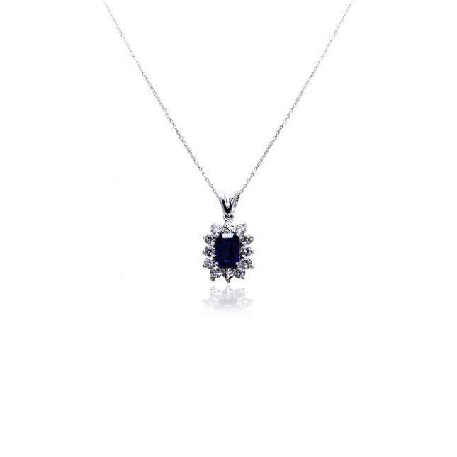 White Gold Pendant With Emerald Cut Sapphire And Brilliant Cut Diamonds