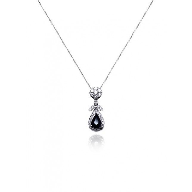 White Gold Necklace With Pear Cut Sapphire And Brilliant Cut Diamonds