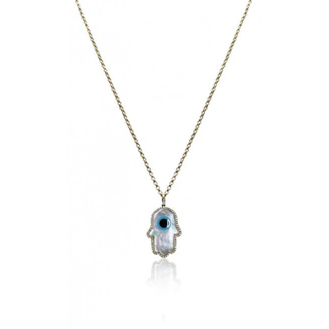 Mother of Pearl Yellow Gold Fatima Hand Charm Necklace 