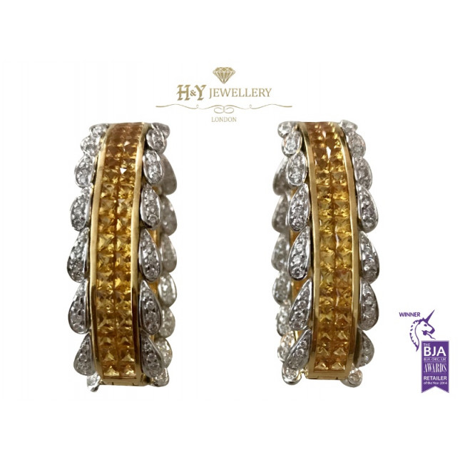 White and Yellow Gold Earrings set with Yellow Sapphires and Diamonds - 26.20 ct