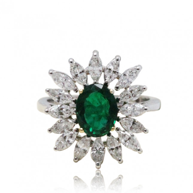 Emerald and Diamond Floral Cocktail Ring 