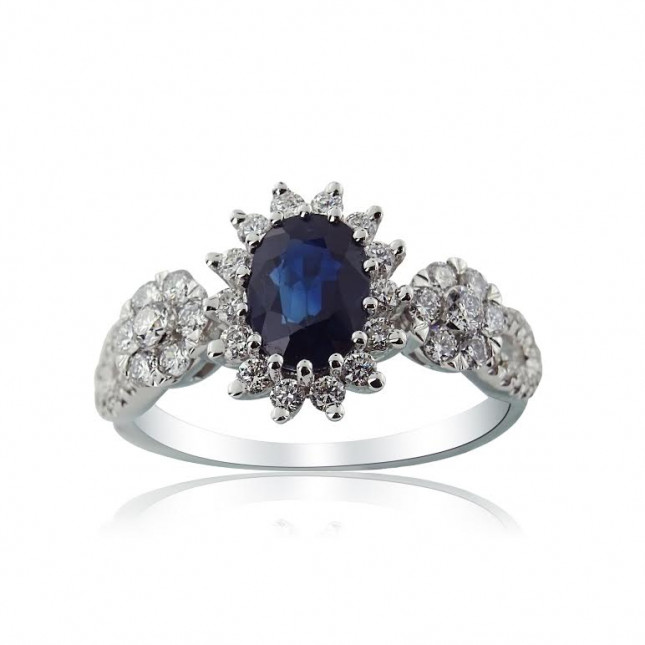 White Gold Engagement Ring With Oval Cut Sapphire And Brilliant Cut Diamonds