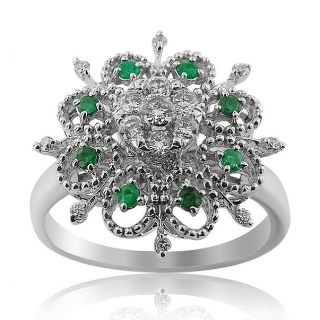 White Gold Flower Diamond Ring With Emeralds 