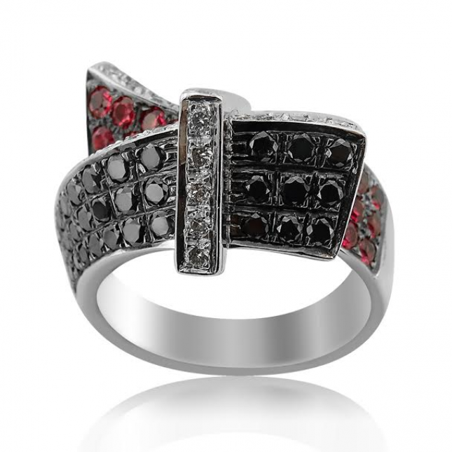 Sweeping Ruby and Black Diamond Ring 