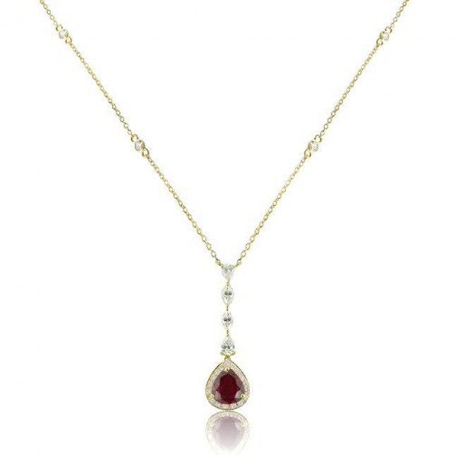 Yellow Gold Pear Cut Ruby Necklace With Round, Marquise And Pear Cut Diamonds