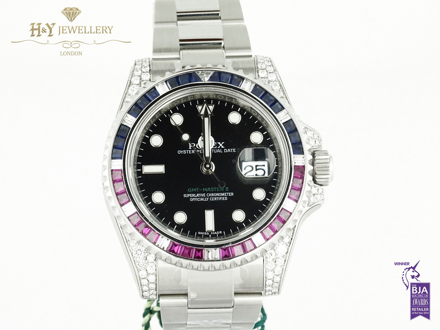 Rolex GMT Master II Steel Aftermarket Diamonds with Rubies and