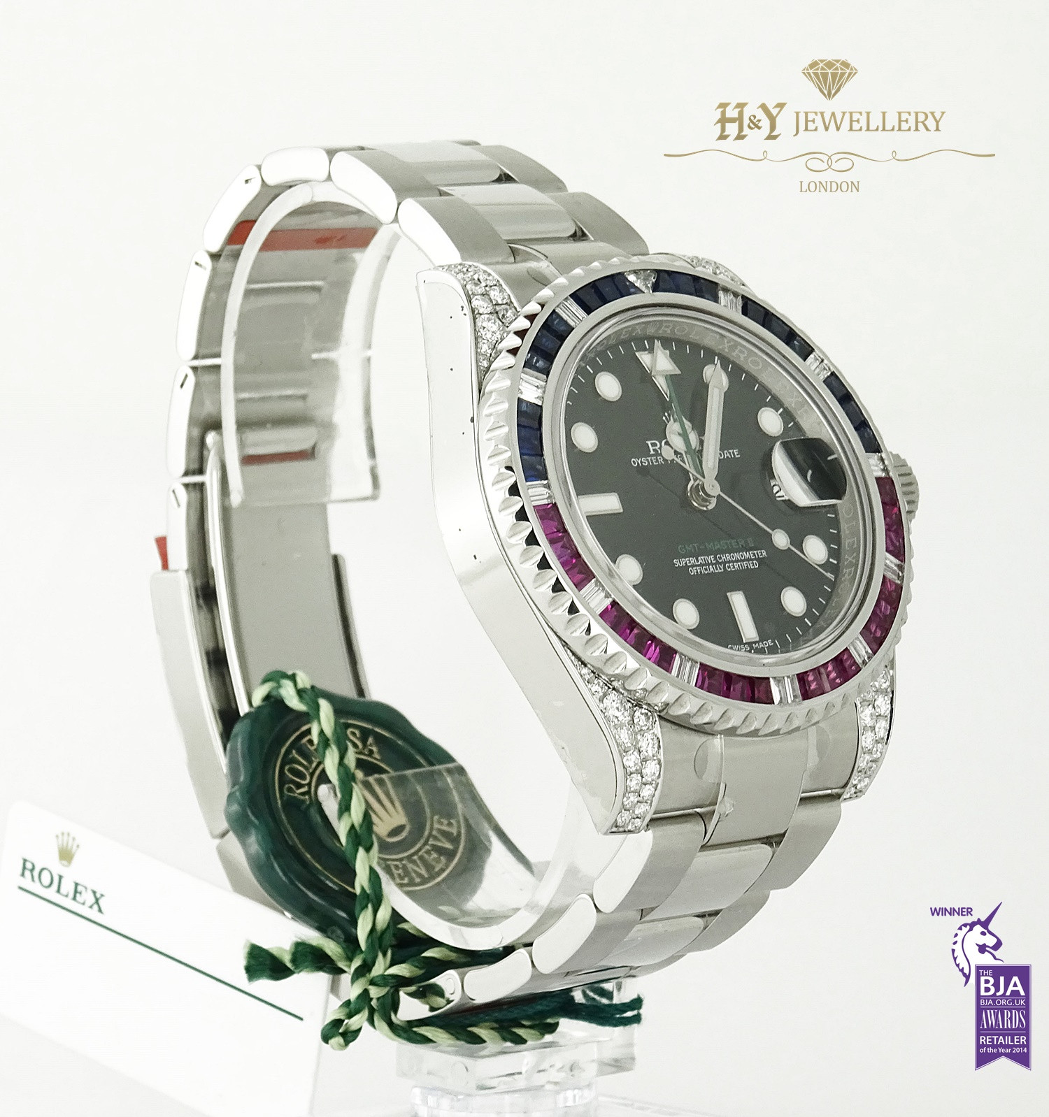 Rolex GMT Master II Steel Aftermarket Diamonds with Rubies and  