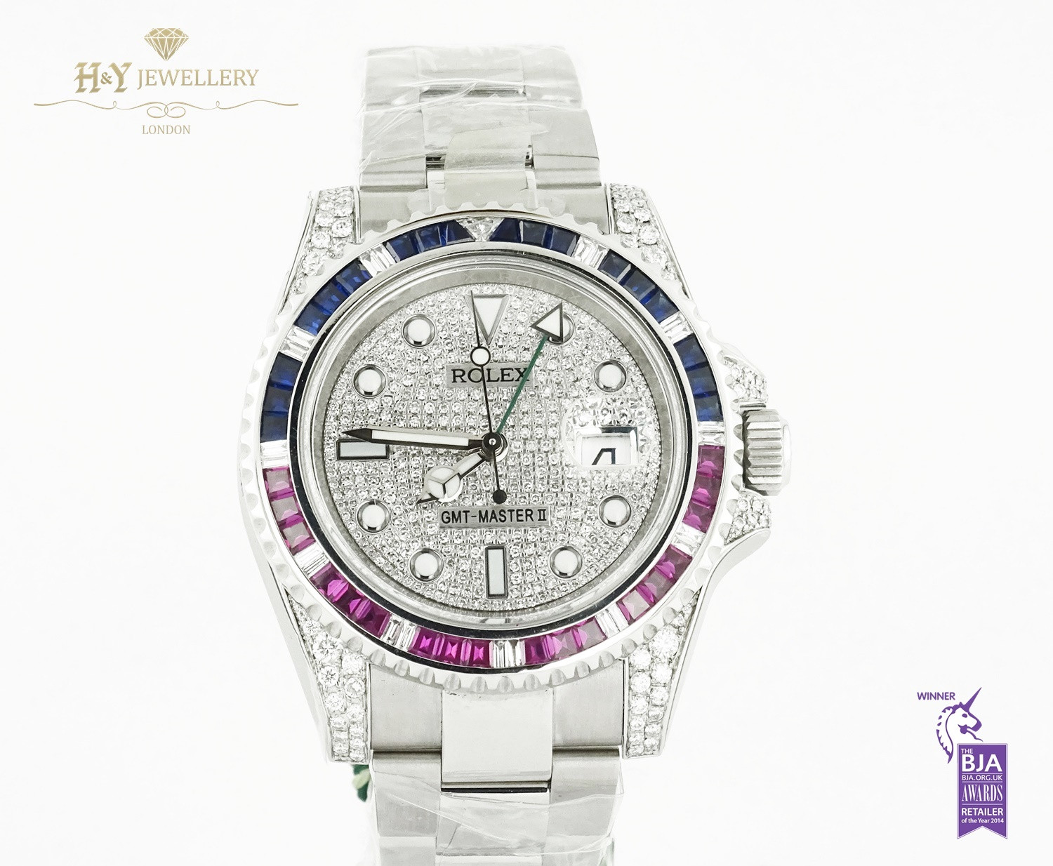 Rolex GMT Master II Steel Aftermarket Diamonds with Rubies and