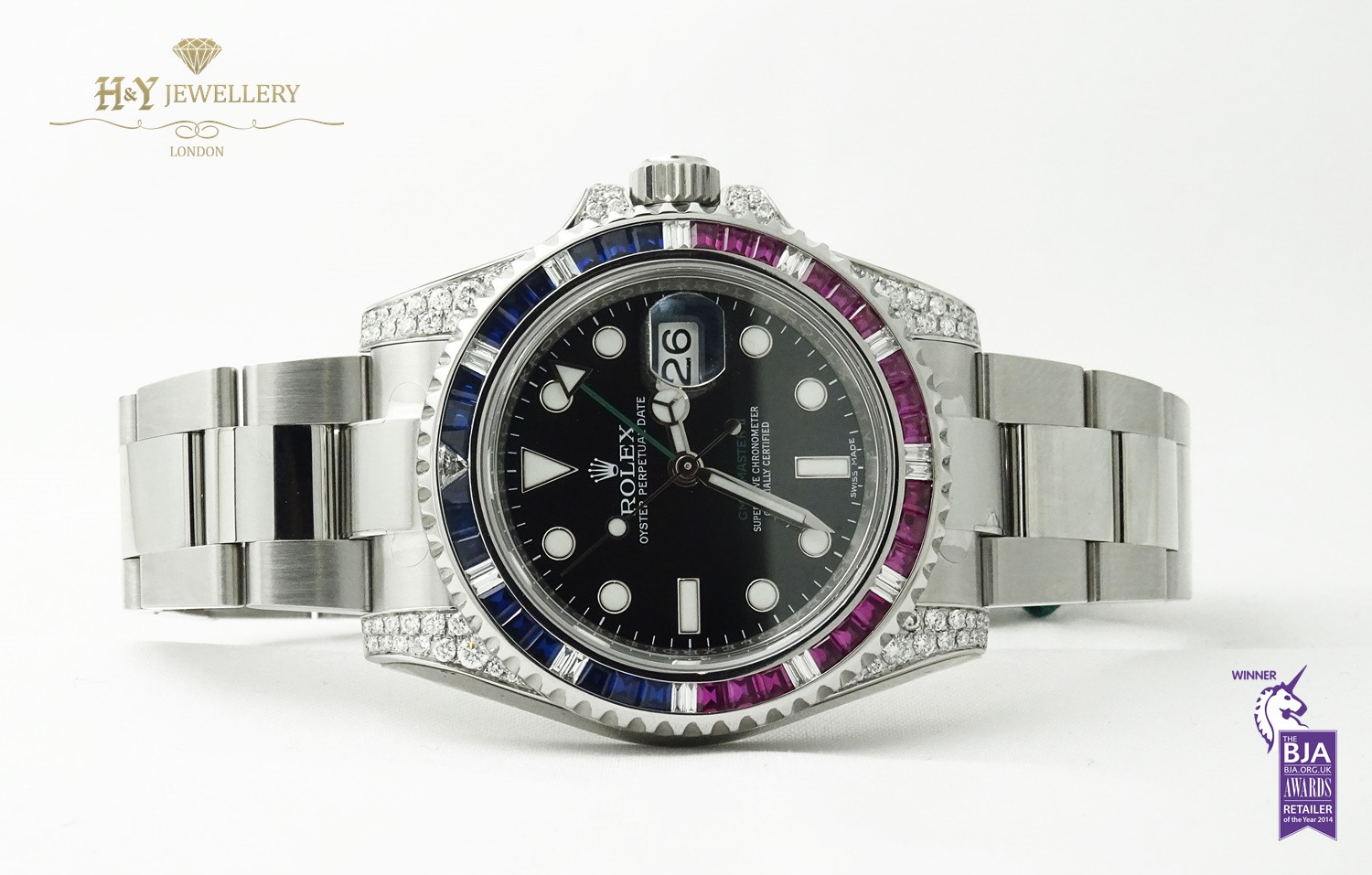 Rolex GMT Master II Steel Aftermarket Diamonds with Rubies and Sapphires ref 116710LN