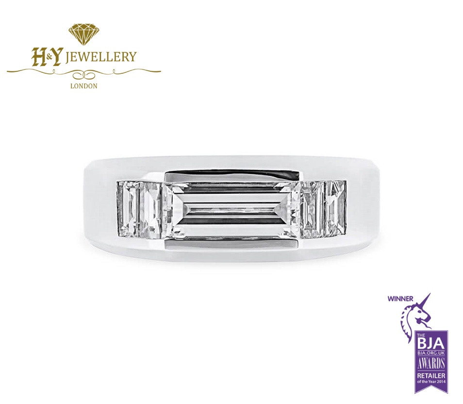 White Gold Rectangular Step Cut Ring set with Tapered Baguette