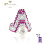 Ananya White Gold Balance Twin Ring set with a Pearl, Pink Sapphires and Diamonds