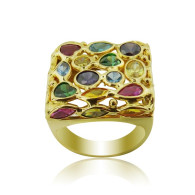 Yellow Gold Square Multi Colored Ring