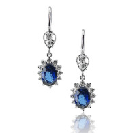 White Gold Earrings With Oval Royal Blue Sapphire And Brilliant Cut Sapphire