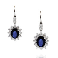 Royal Blue Oval Sapphire and Diamond Pendant Drop Earrings 