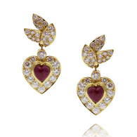 Vintage Flower Earrings With Cabouchon Heart Cut Rubies And Brilliant Cut Diamonds