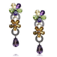 White Gold Drop Flower Earrings With Semi Precious Stones And Brilliant Cut Diamonds
