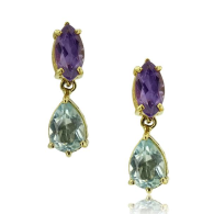 Yellow Gold Petit Earrings With Marquise Cut Amethyst And Pear Cut Blue Topaz