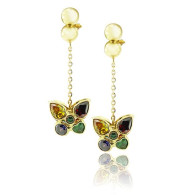 Yellow Gold Butterfly Earrings With Multi Colored Stones