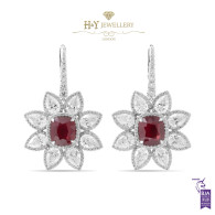White Gold Vivid Red Mozambique Cushion Cut Ruby Diamond Earrings - 14.96 ct 