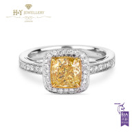 White Gold Cushion Cut Fancy Intense Yellow Diamond Ring - 1.78 ct