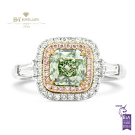 White Gold Cushion Cut Light Yellow Green Diamond Ring - 1.74 ct