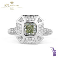White Gold Cushion Cut Grayish Yellowish Green Diamond Ring - 1.84 ct