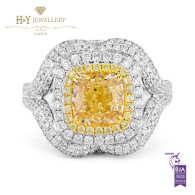 White Gold Cushion Cut Yellow Diamond Ring with White Side Diamonds - 3.74 ct