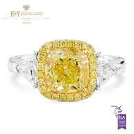 White Gold Cushion Cut Yellow Diamond Ring with White Side Diamonds - 3.17  ct