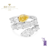 White Gold Pear Cut Fancy Intense Yellow and White Diamond Snake Design Ring - 4.22 ct