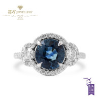 White Gold Oval Blue Sapphire Ring with White Diamonds - 3.88 ct