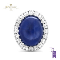 White Gold Cabochon Star Sapphire Ring with Diamonds - 41.14 ct