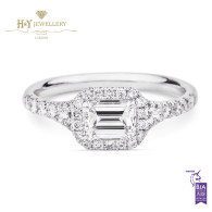 White Gold Emerald Cut Diamond Ring with a Halo - 1.12 ct
