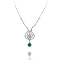 Filigree Emerald and Diamond Pendant Necklace 