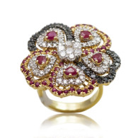 Ruby And Black Diamonds Openwork Flower Cocktail Ring