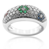 White Gold Ring With Brilliant Cut Rubies, Sapphire Emerald And Diamonds