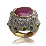 Ruby, Emerald and Diamond Cocktail Ring  