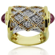 Yellow And White Gold Ring With Brilliant Cut Diamonds And Cabochon Rubies