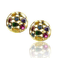 Yellow Gold Round Earrings With Multi Colored Stones