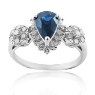 White Gold Ring With Pear Cut Sapphire And Brilliant Cut Diamonds