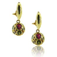 Yellow Gold Ball Earrings With Multi Colored Stones